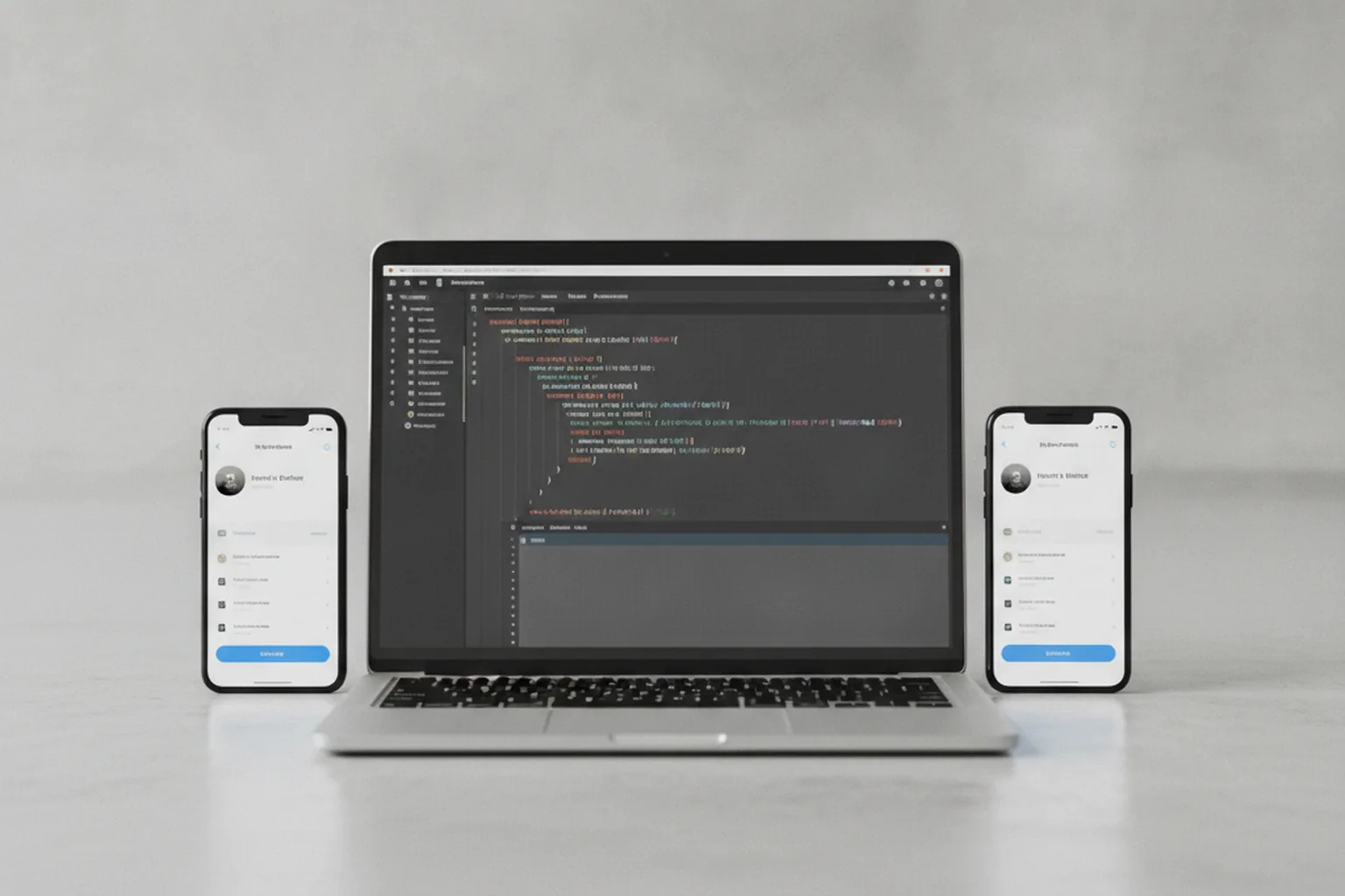 React Native development: code editor showing cross-platform mobile app codebase with iOS and Android previews