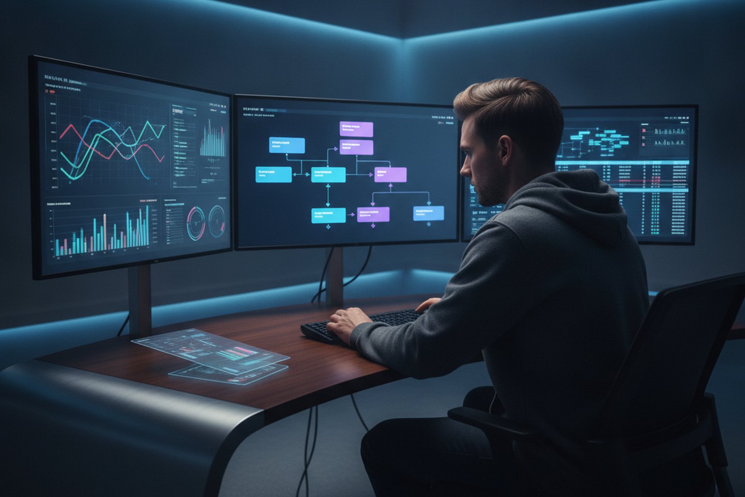 A DevOps engineer monitoring an automated release on several screens showing sequential pipeline stages and deployment health metrics