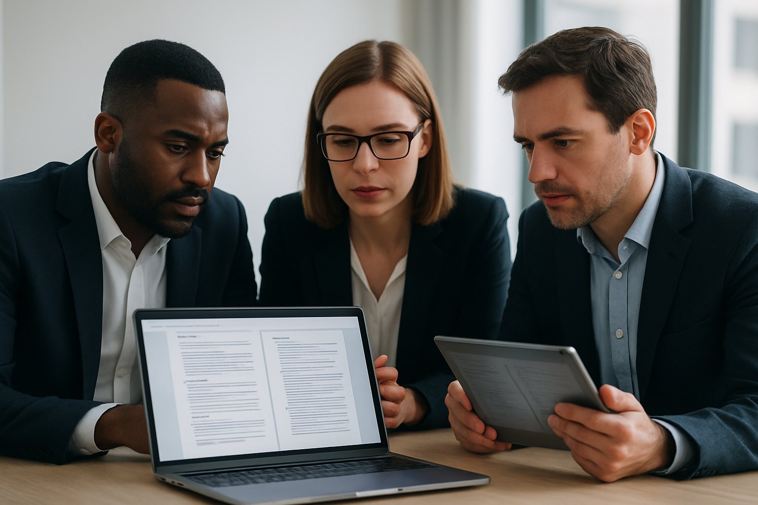 Three stakeholders reviewing a multi-page product requirements document on a laptop and tablet