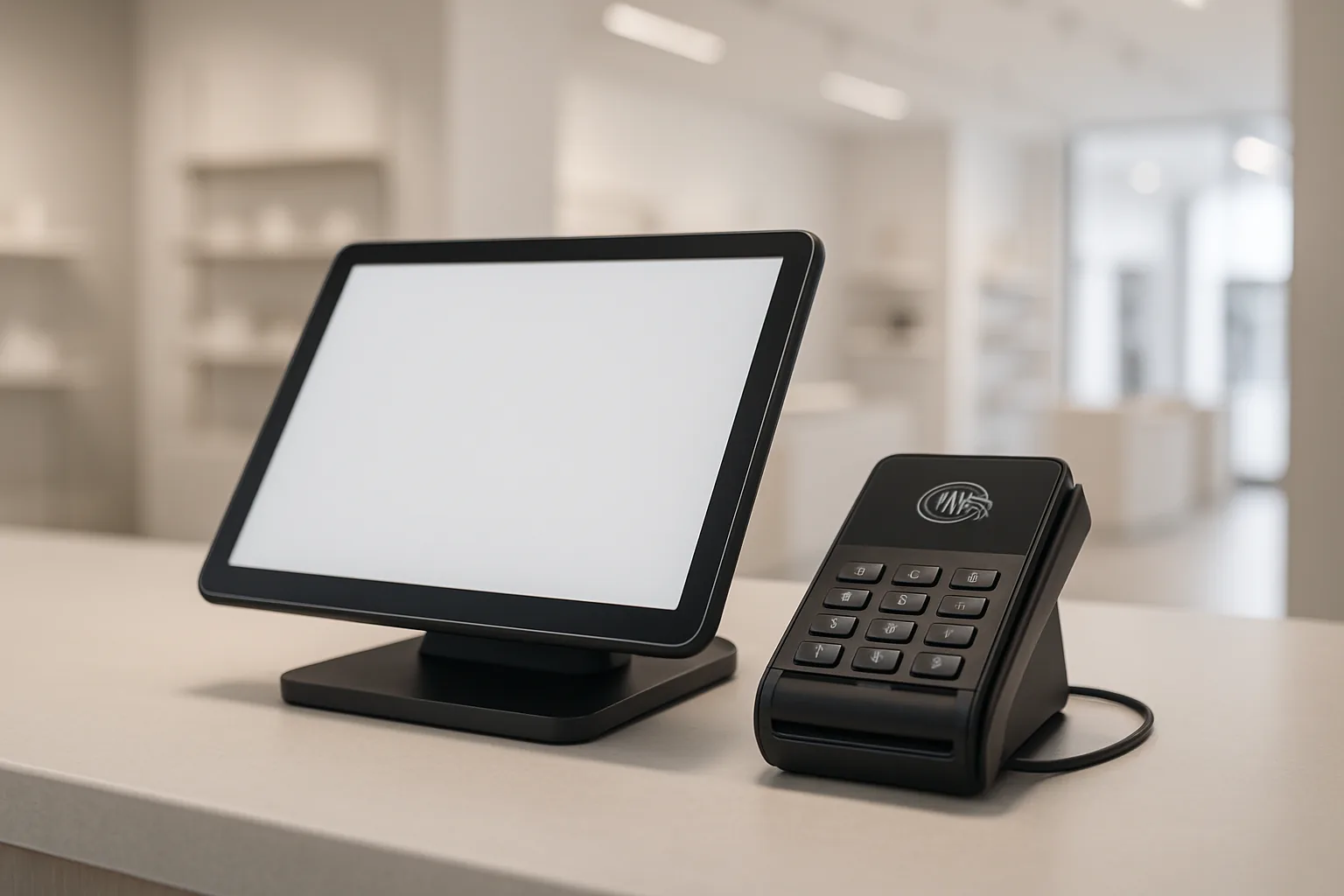 Point-of-sale checkout terminal at a retail counter