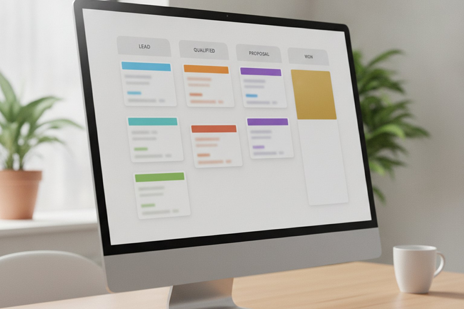 A CRM sales pipeline shown as a kanban board with deal stages from lead to won on a monitor