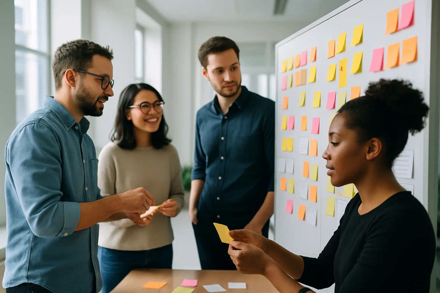 Software team planning a sprint around a task board with sticky notes