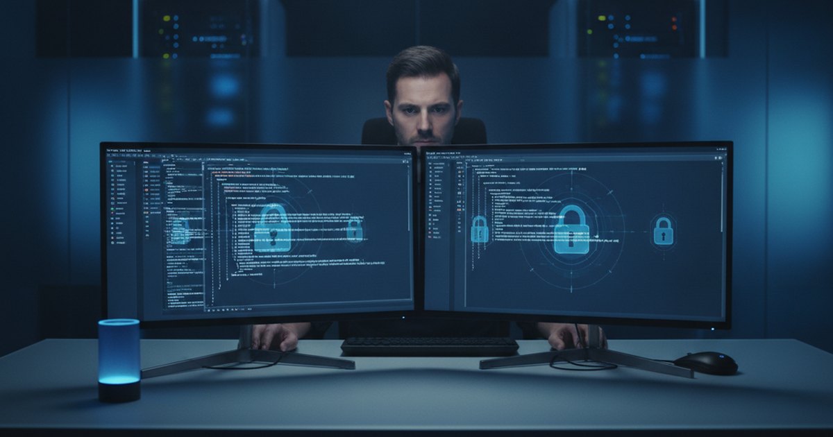 NIST Secure Software Development Framework — an engineer reviewing secure code with padlock and shield overlays