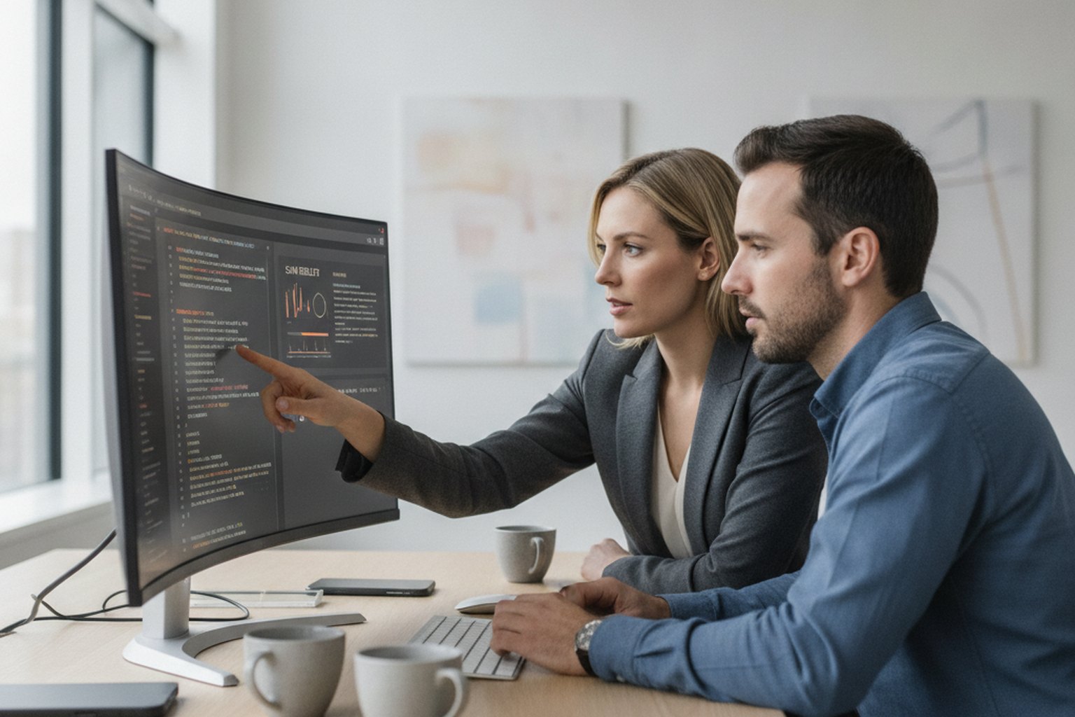 Two engineers reviewing a vulnerability scanner result panel together during the development phase of a secure SDLC