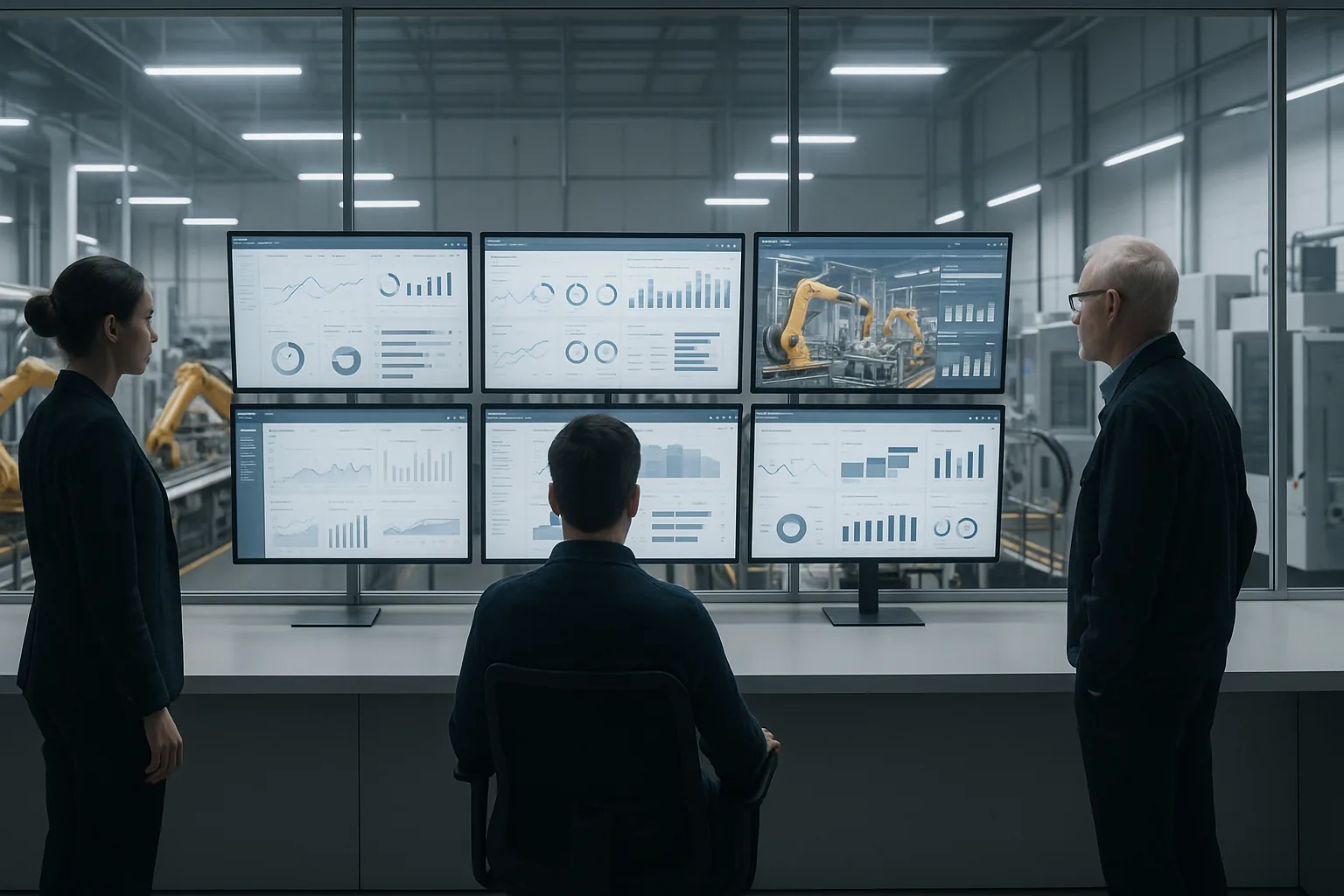 Engineers monitoring production dashboards on a smart-factory floor