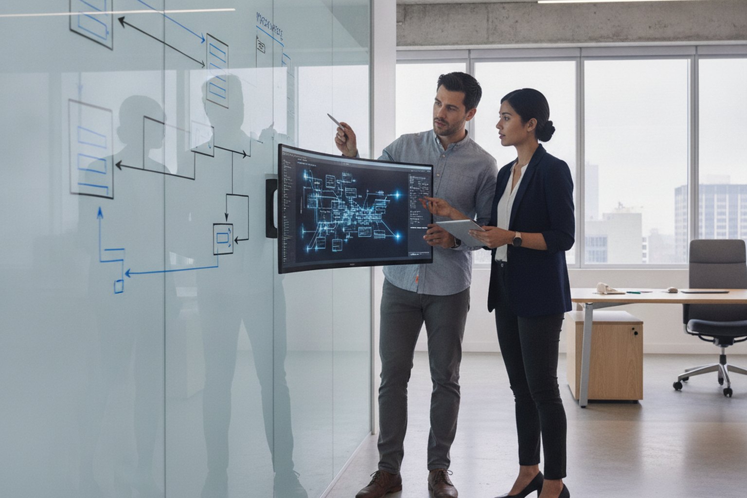 Two consultants reviewing a system architecture diagram on a monitor and glass board during a technical due-diligence engagement