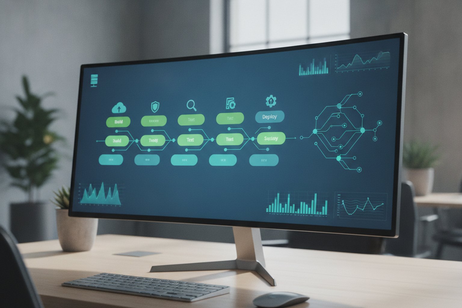 A wide monitor showing an automated CI/CD pipeline dashboard with build, test and deploy stages and release metrics