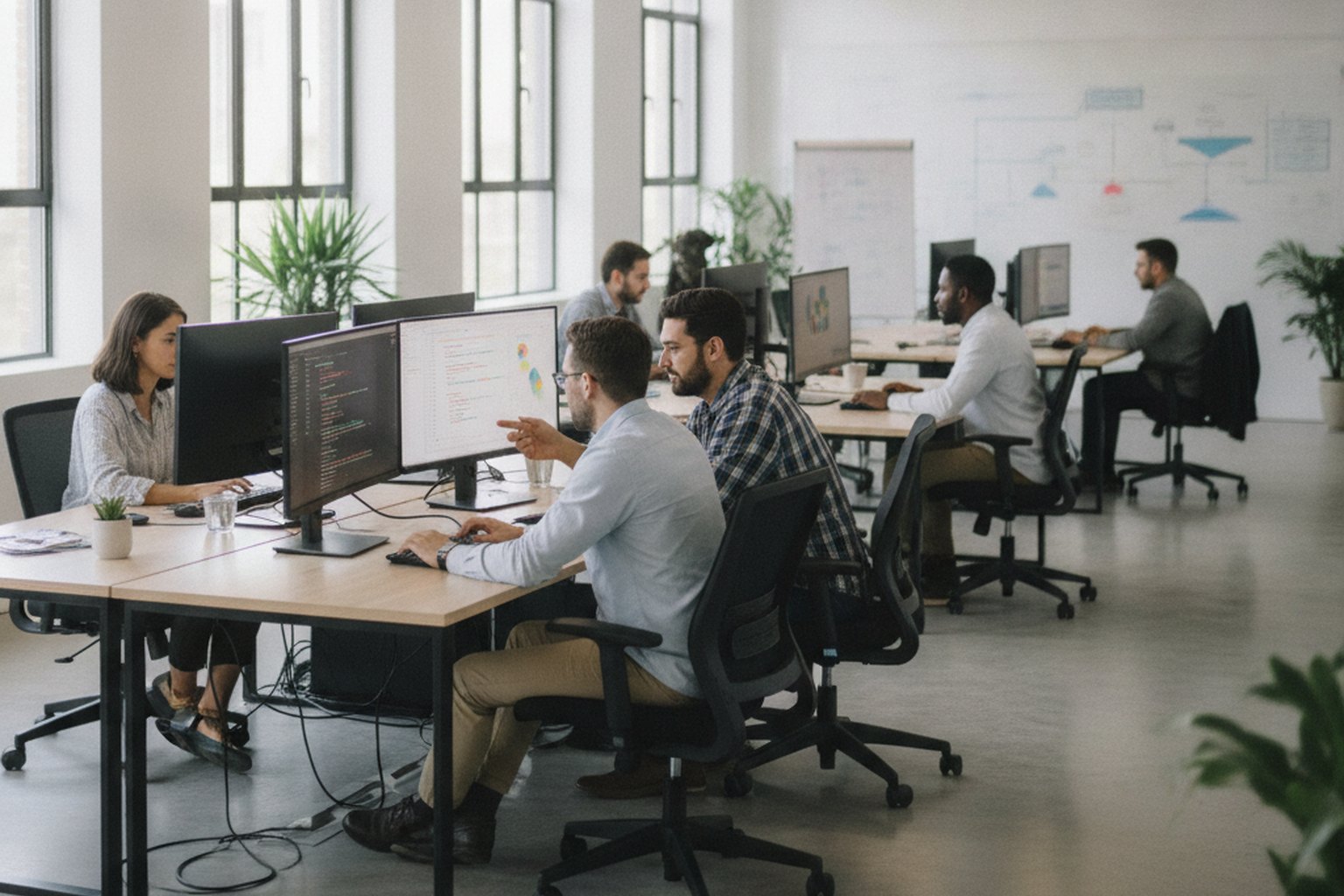 Software development industry trends 2026 — a software engineering team working at monitors in a modern office