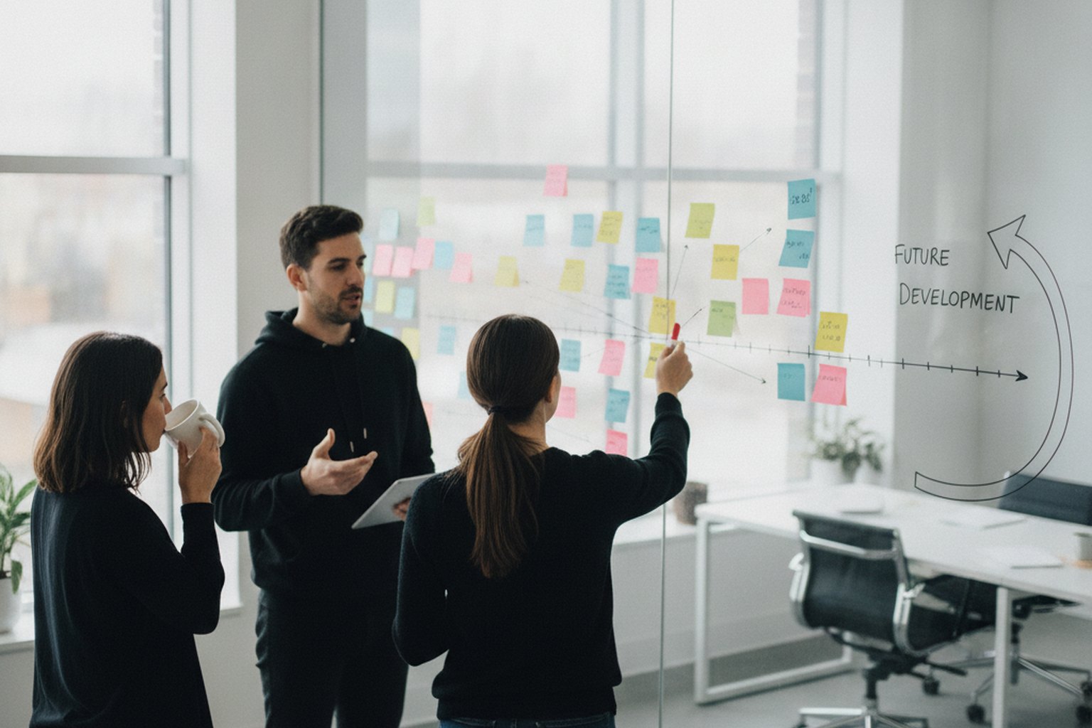 Software development life cycle — a team planning project phases on a whiteboard