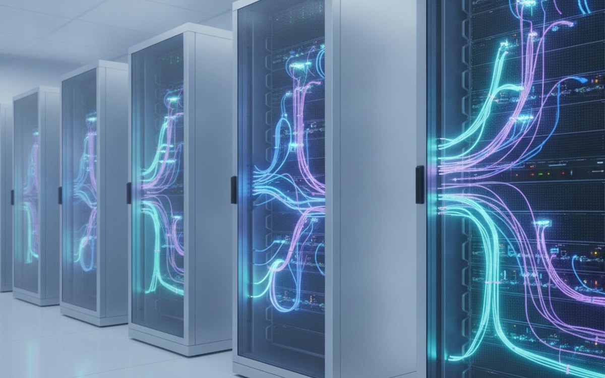 Rows of data-center server racks with glowing network cabling, representing the software supply chain the NIST SSDF is designed to protect