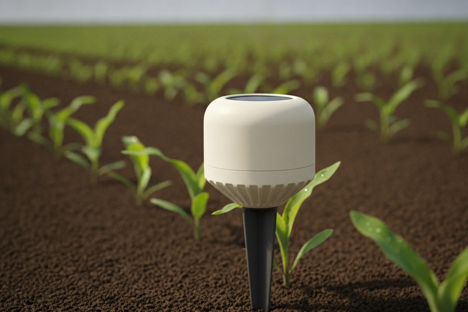 Field sensor collecting soil and crop data on a farm