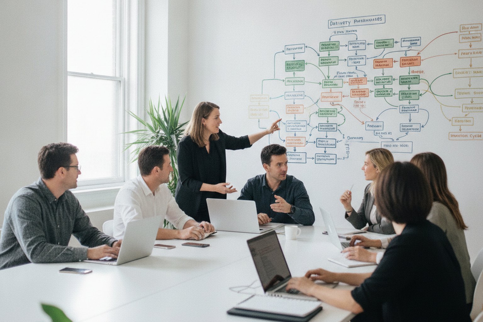 A cross-functional software team discussing delivery phases in front of a wall of workflow diagrams