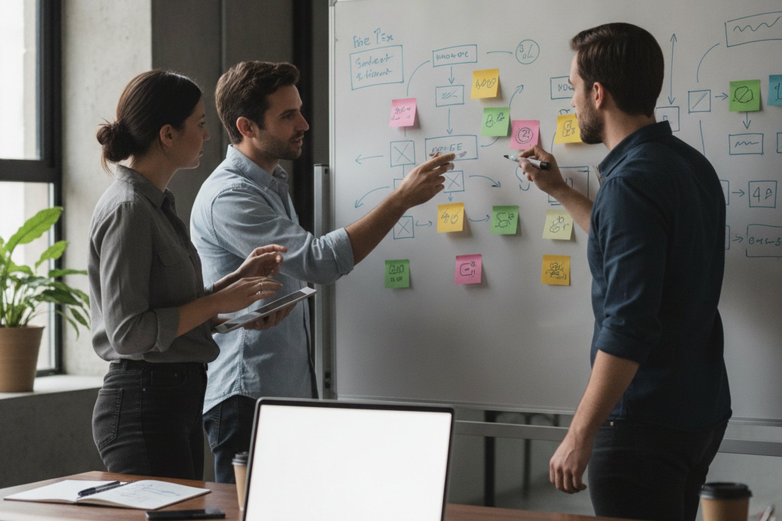 Two startup founders and a product designer mapping an MVP scope on a whiteboard with sticky notes