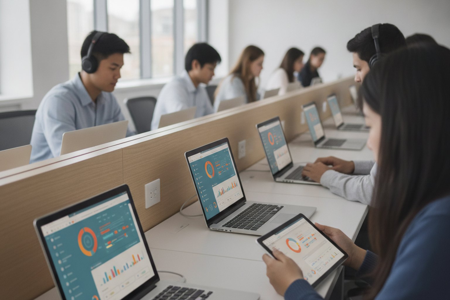 Education software development — students using laptops and tablets with learning dashboards in a computer lab
