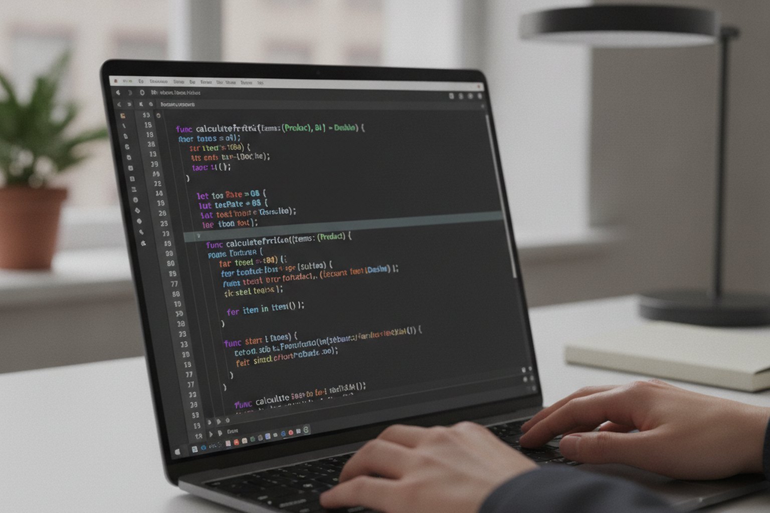 A laptop displaying Swift source code in a code editor, representing the Swift and SwiftUI iOS development stack
