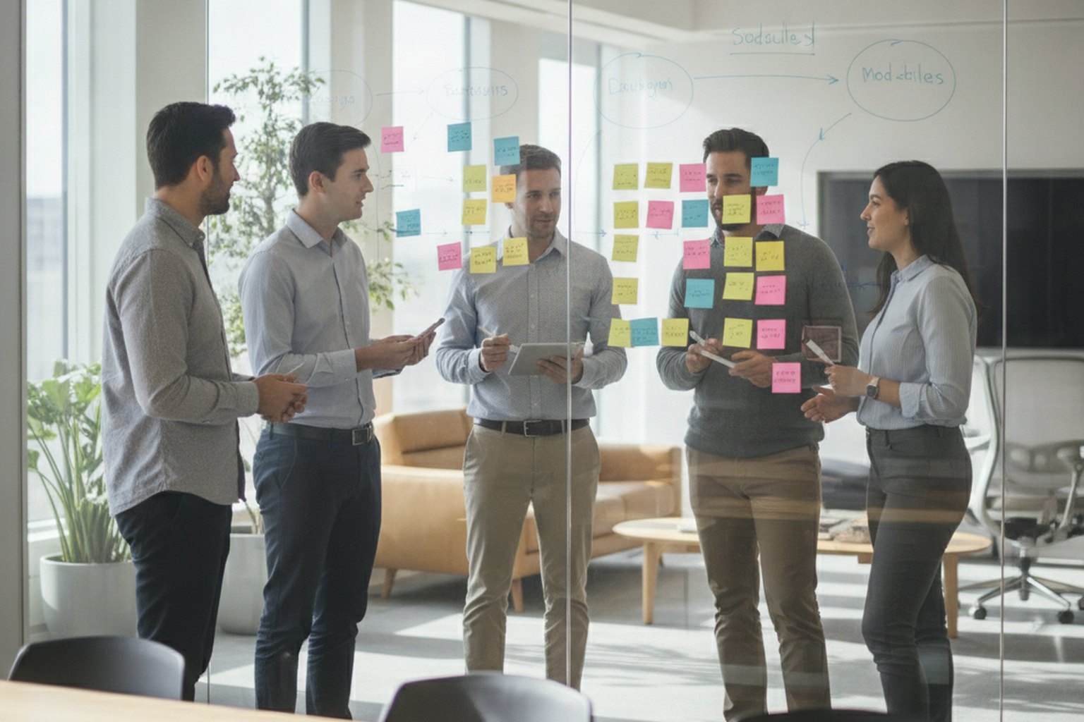 A product and engineering team planning a custom CRM project around a glass board covered with sticky notes and diagrams
