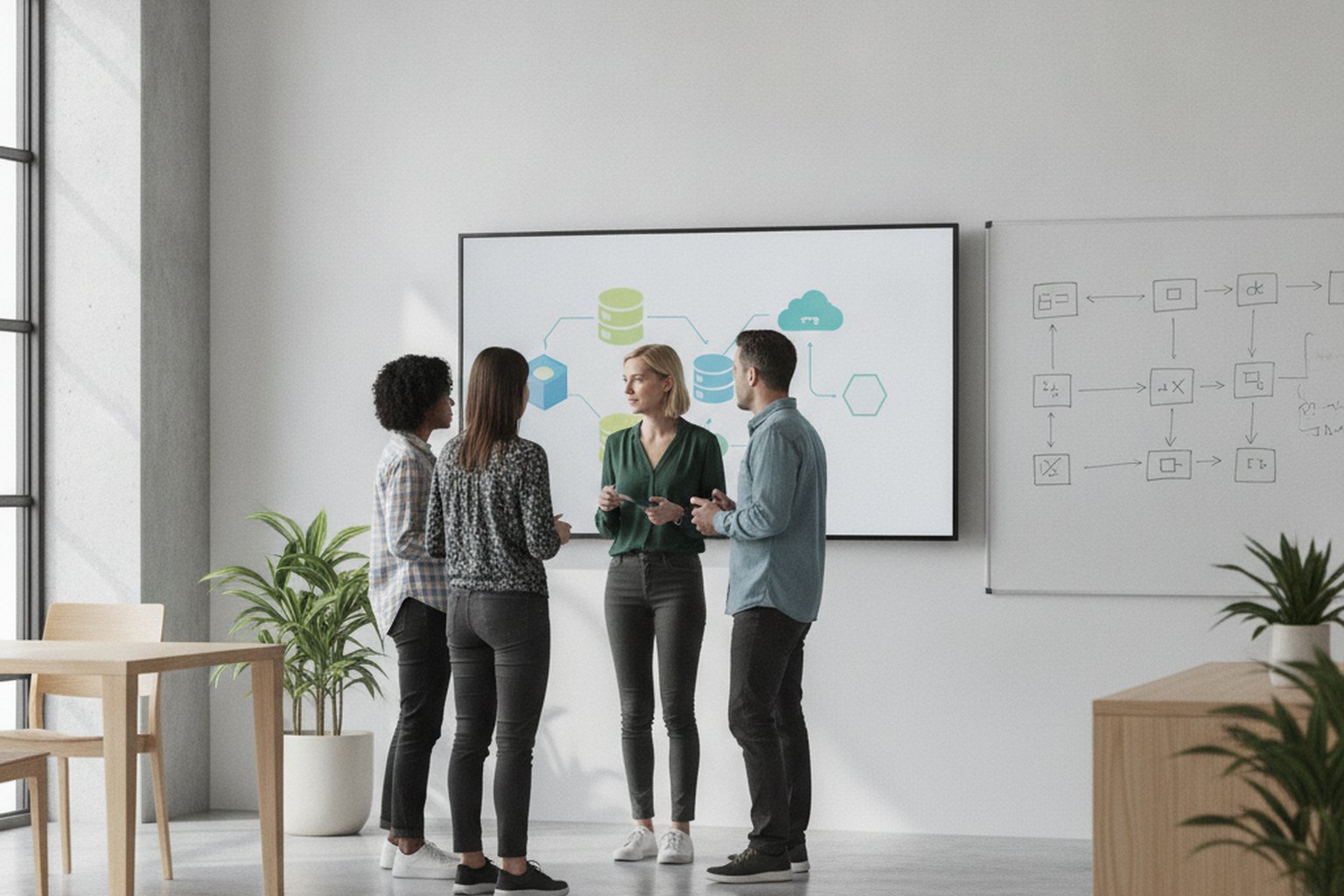 Four colleagues standing in front of a screen showing a system architecture diagram with cloud and database icons, next to a whiteboard flowchart