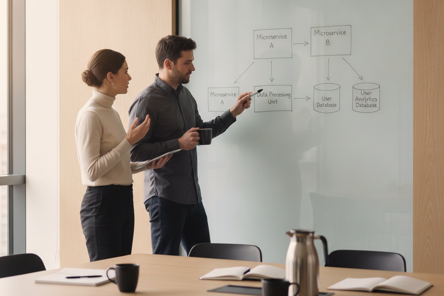 Two software architects at a glass wall discussing a hand-drawn system architecture diagram of services and databases