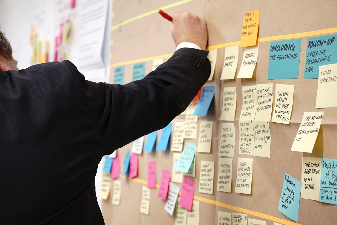 software sprint board showing tasks in progress, with team members reviewing progress at a standup