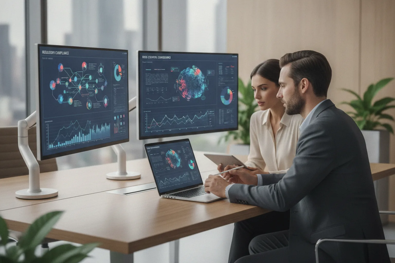Two financial software engineers reviewing regulatory compliance and risk-control dashboards on screens in a bright modern office