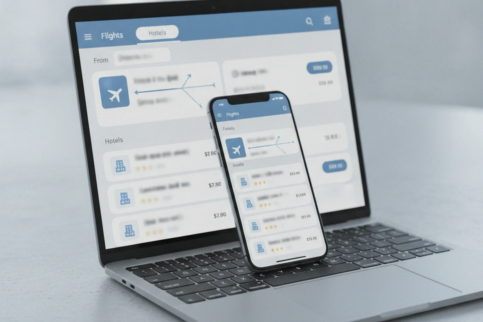 Travel booking platform showing flight and hotel search on laptop and phone