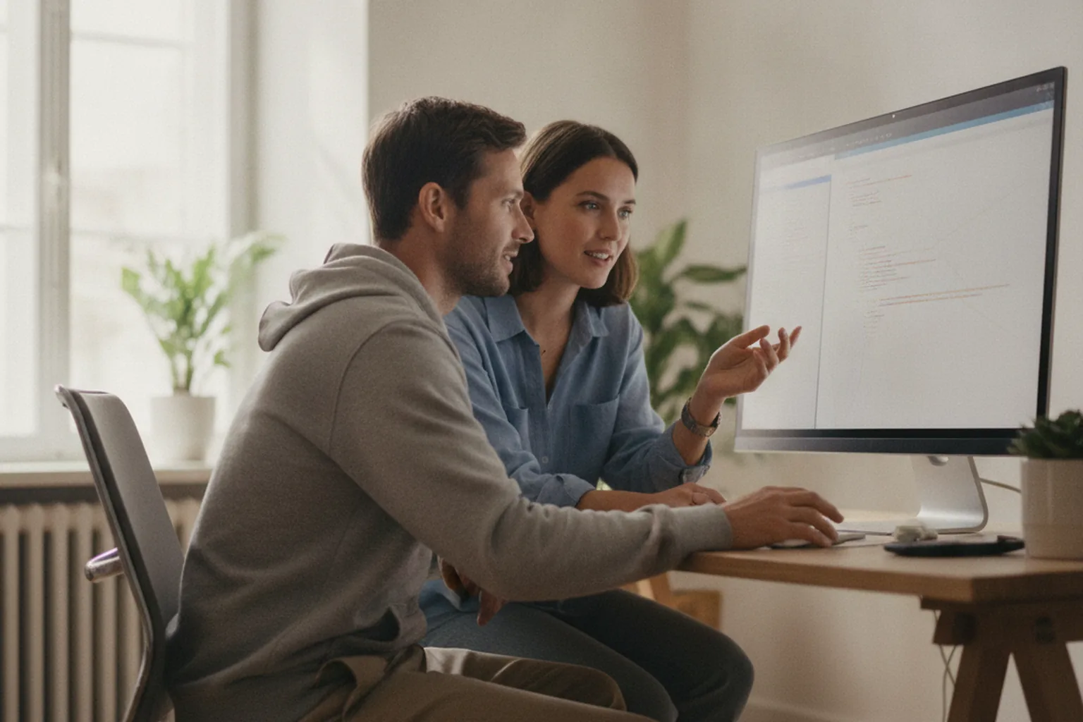 Two engineers reviewing AI-generated code on a shared screen
