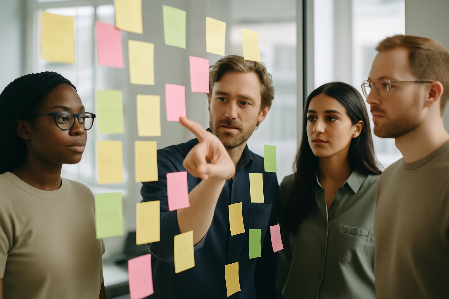 A cross-functional product team mapping user stories and acceptance criteria on sticky notes