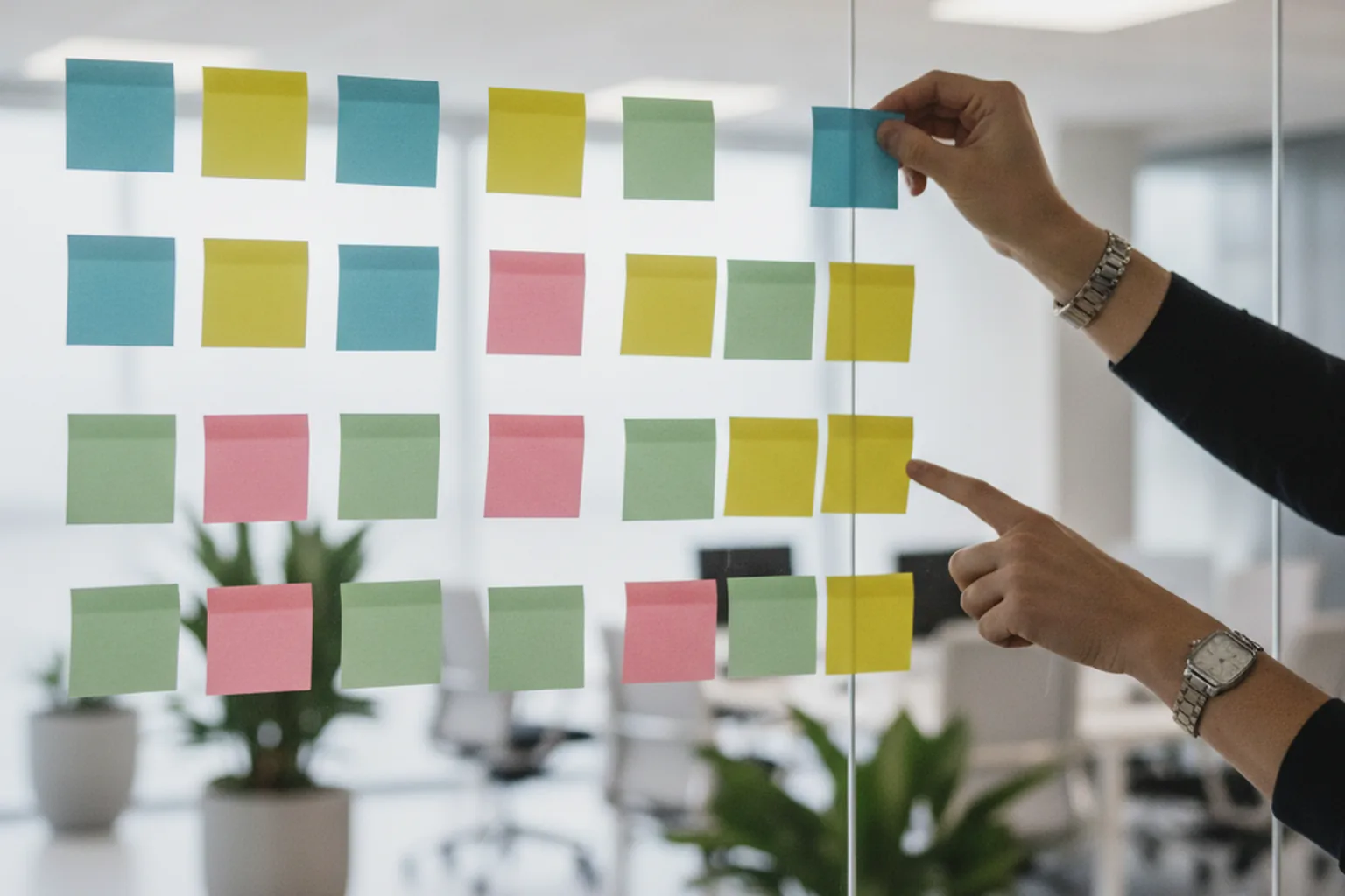 A product manager and designer arranging colored sticky notes into a user-story map to scope a software product's minimum viable version