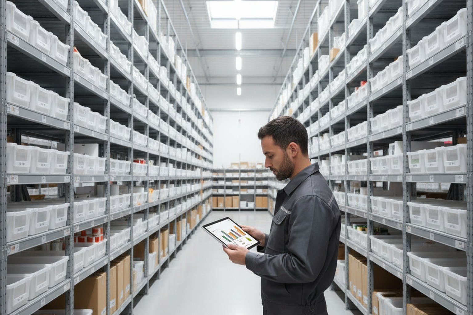 A worker checking a tablet with live inventory levels in a warehouse, representing the inventory and supply-chain module of an ERP system