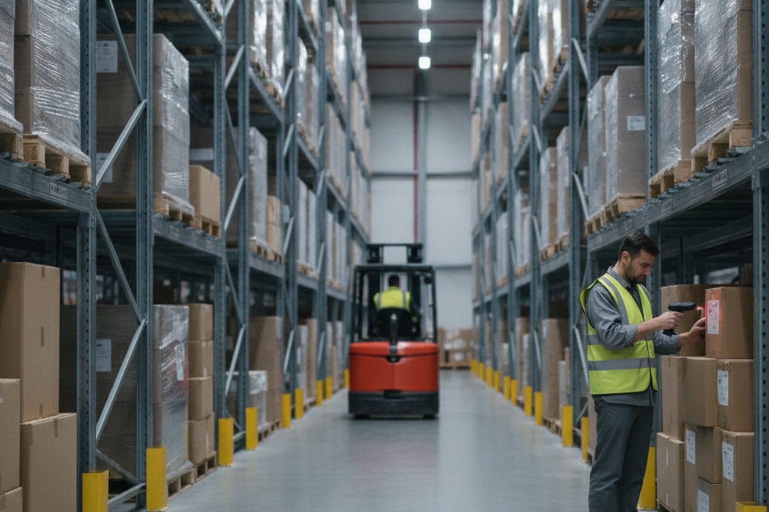 A warehouse worker in a hi-vis vest scanning inventory with a handheld barcode scanner beside tall racking, a forklift moving pallets in the background