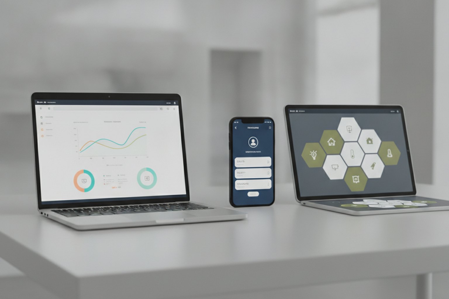 A laptop showing a web dashboard, a smartphone showing a mobile app and a tablet showing another interface, side by side on a desk