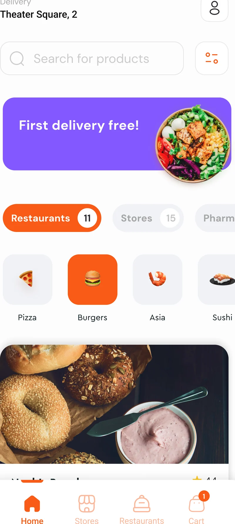 Food delivery aggregator Android app — Kotlin vendor catalog grid with ratings, prices, and add-to-cart across US and EU storefronts