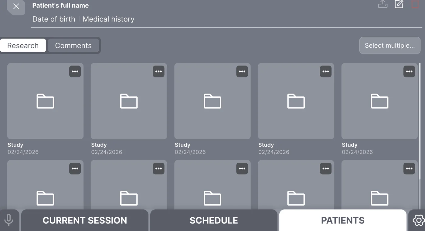 ArgoView patient record screen — examination history, attached studies, and clinician notes