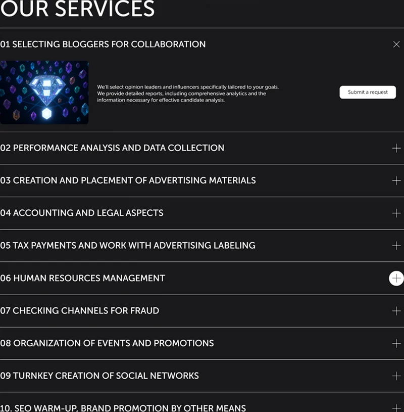 ARIA Agency mobile — hero with Submit a request CTA for inbound lead capture