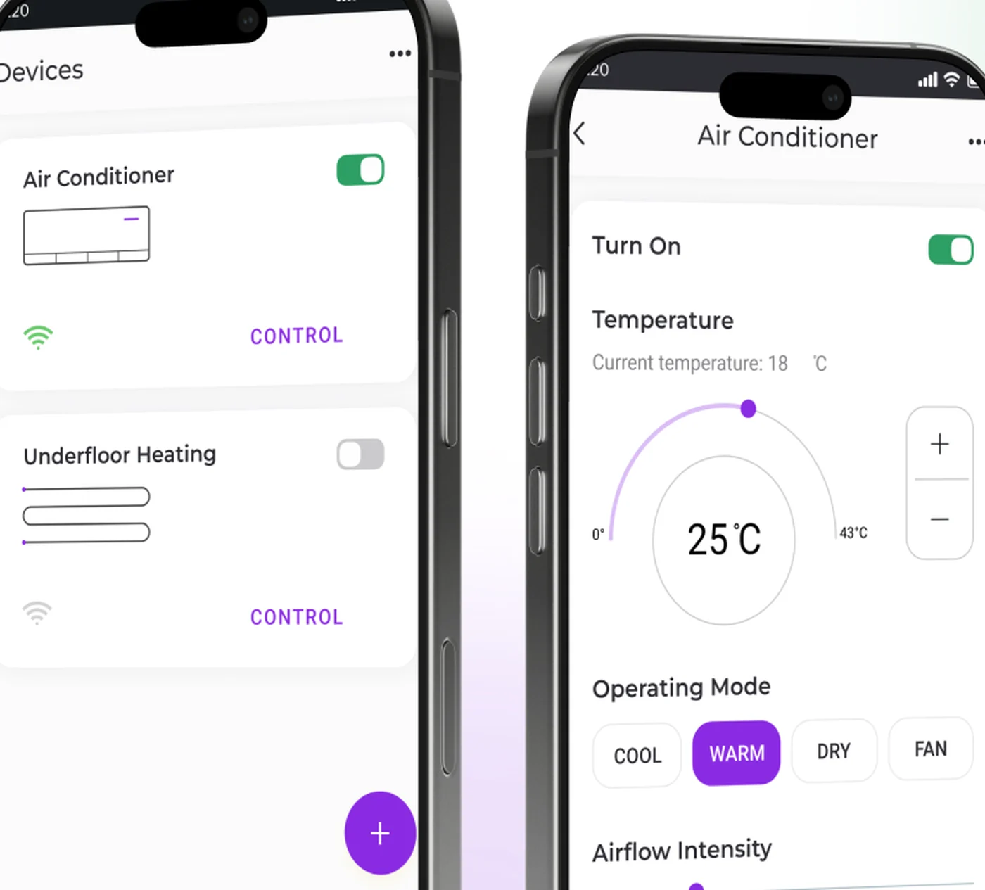 Mobile climate-control app — multi-device home dashboard alongside the air-conditioner control screen with temperature dial and operating modes