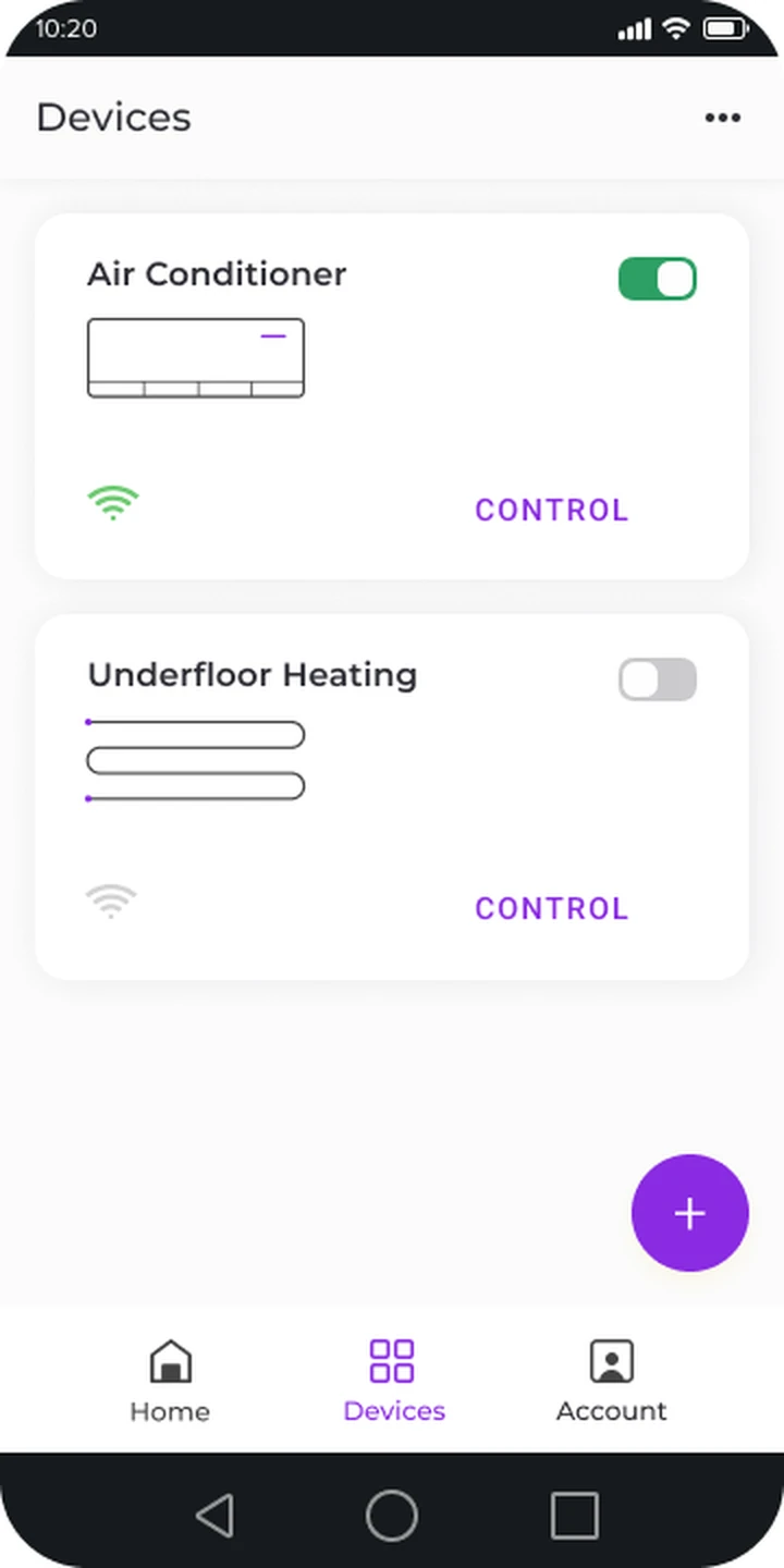 Climate-control app home dashboard — air conditioner and underfloor heating cards, each with Wi-Fi status and a one-tap CONTROL action