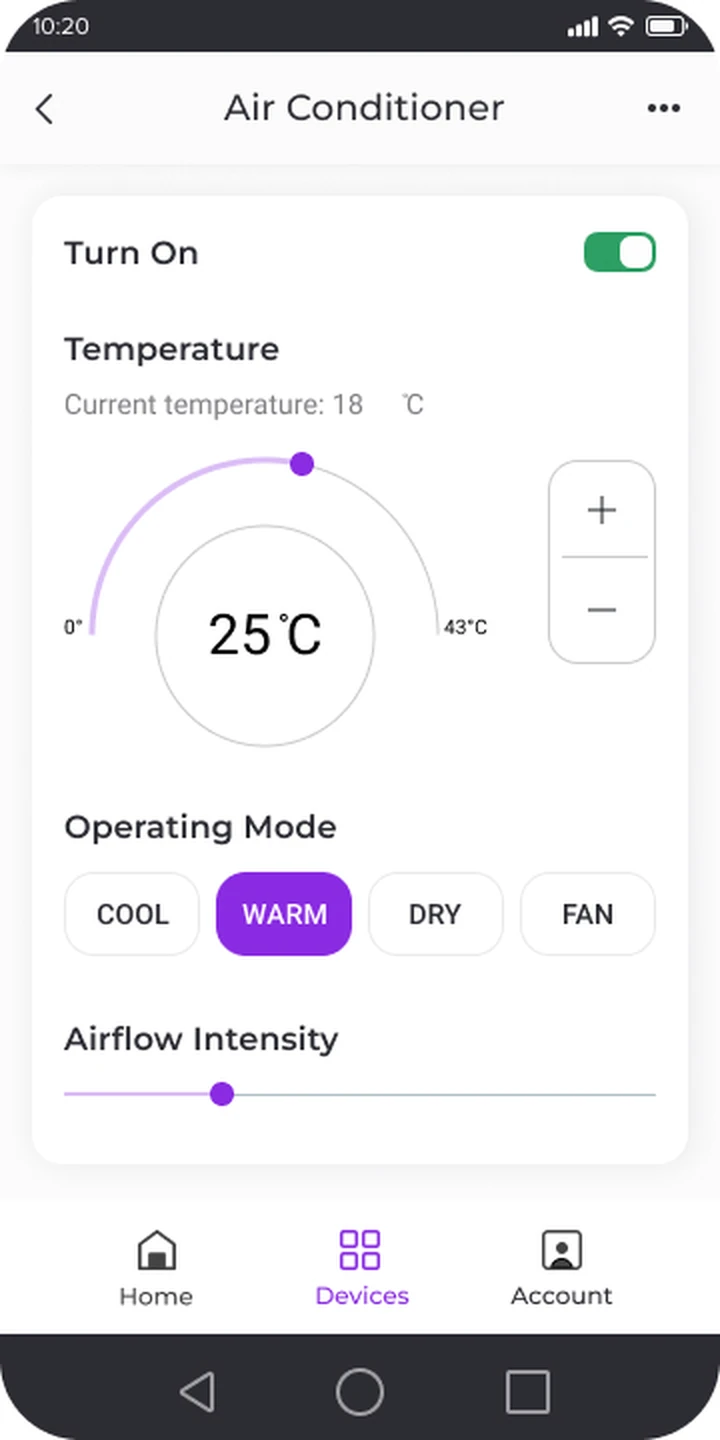 Air-conditioner control screen — power toggle, 25°C setpoint dial, cool warm dry fan modes with warm active, and airflow-intensity slider