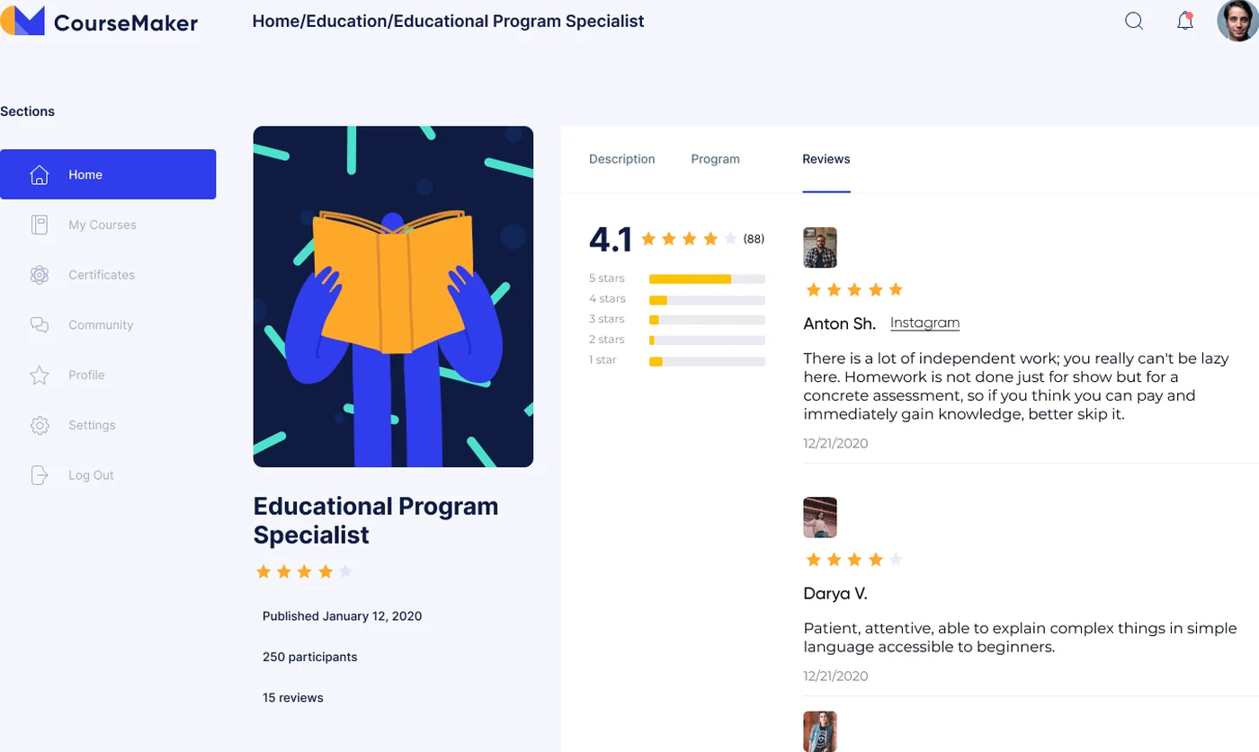 CourseMaker platform — sidebar with Certificates section and personalised course recommendations on desktop