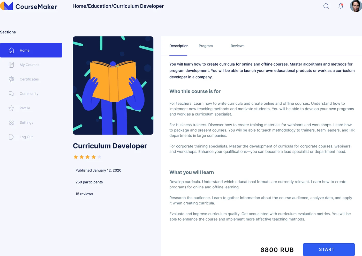 CourseMaker course detail — Curriculum Developer with 6800 RUB price and Start button