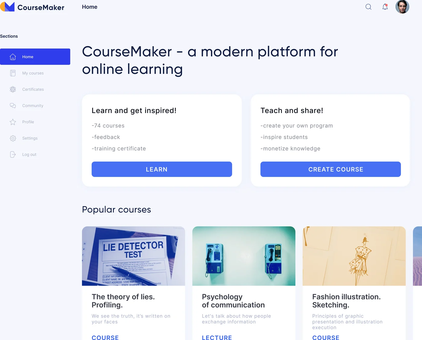 CourseMaker course detail — Reviews tab with star ratings, participant count and sidebar navigation