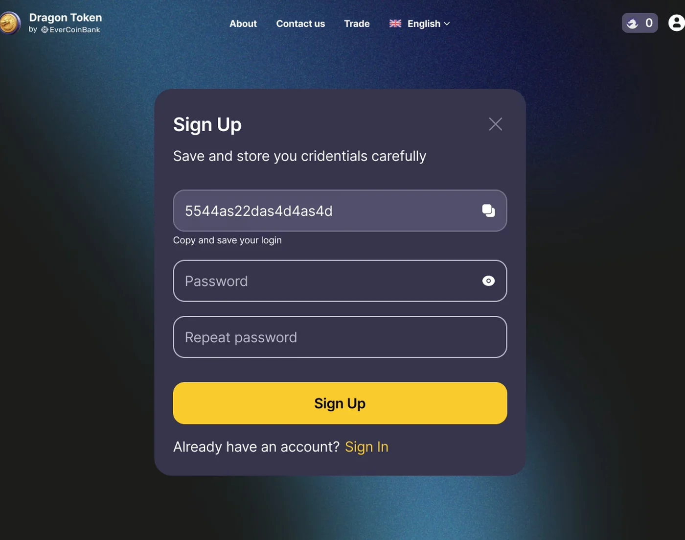 Dragon Token web trading UI — USDT buy and sell flow on React, Laravel-backed admin pricing