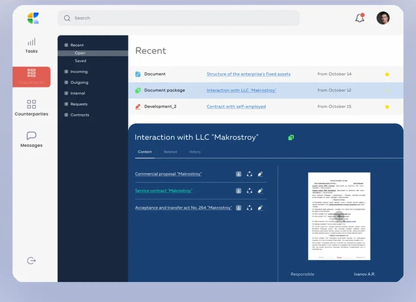 Document management system web platform — recent documents, document package, and content tabs with counterparty contracts