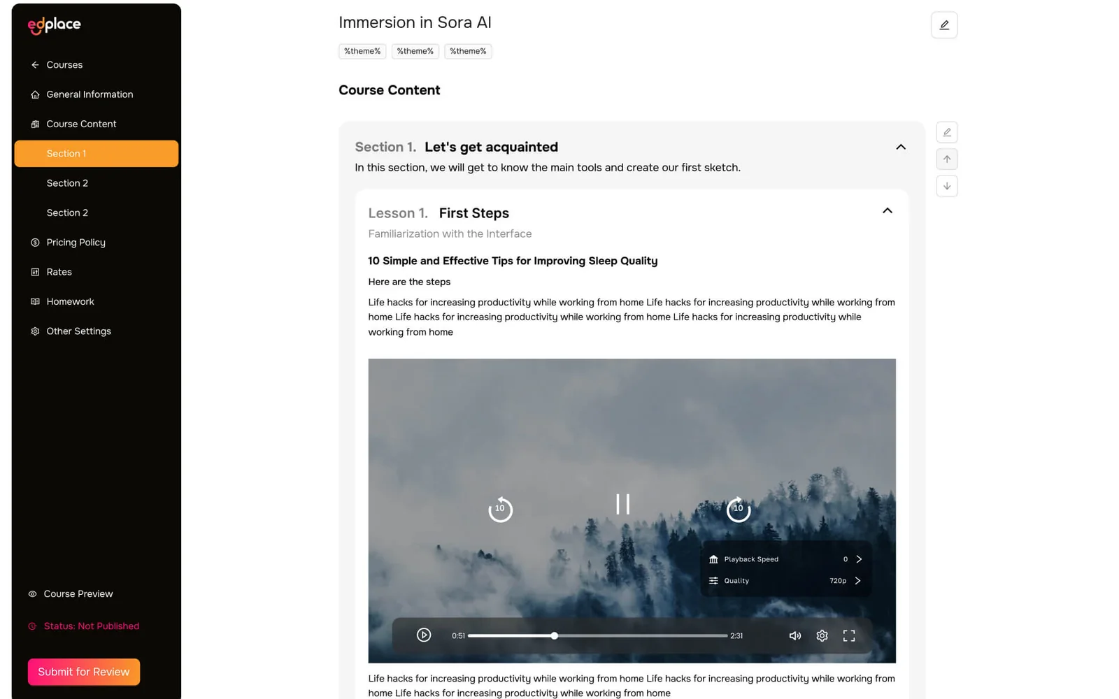 EdPlace course-content view — sections and lessons with an in-player quality selector showing 720p and playback-speed controls