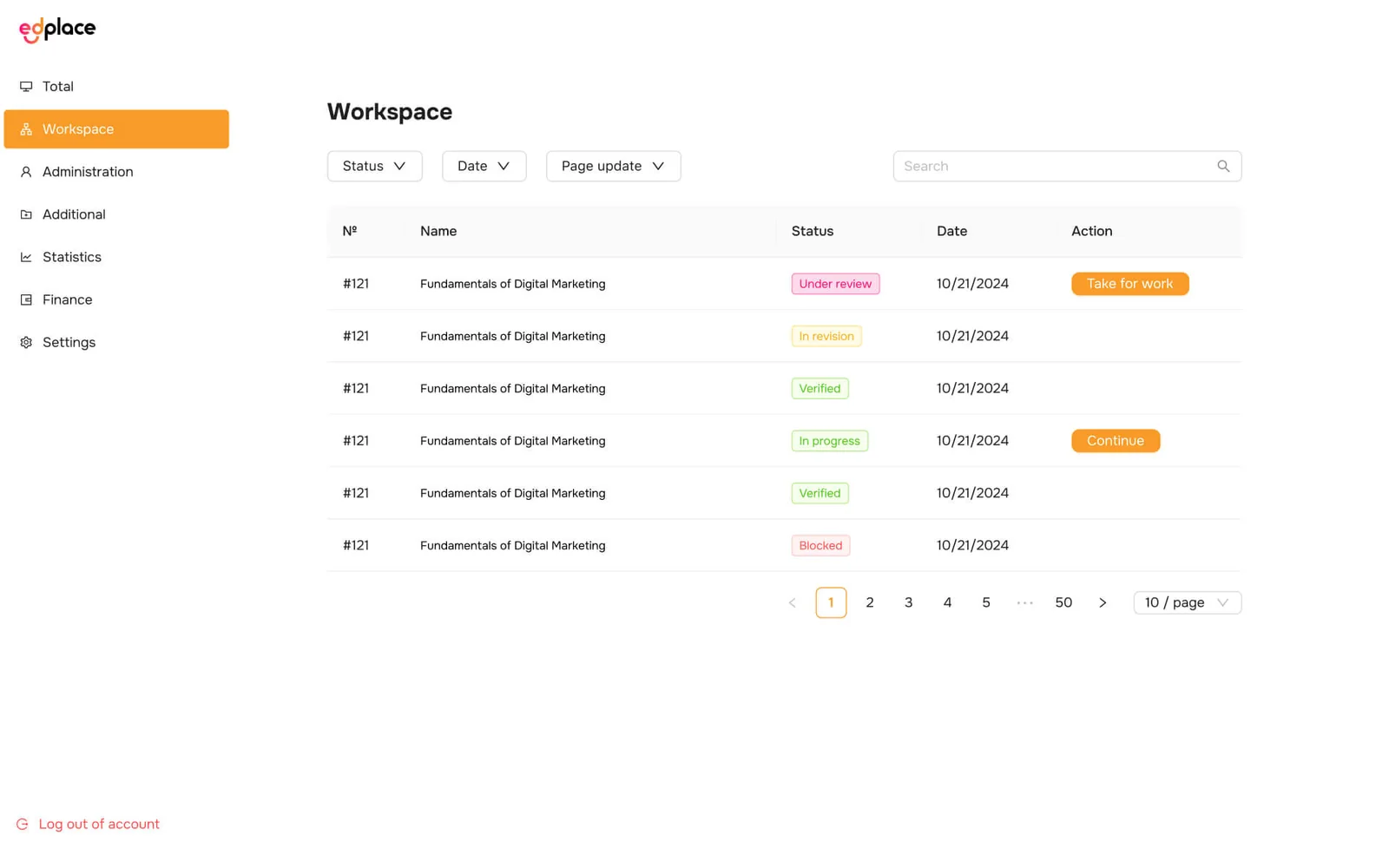 EdPlace admin console — a moderation workspace listing courses with statuses such as under review, in revision, verified, in progress, and blocked