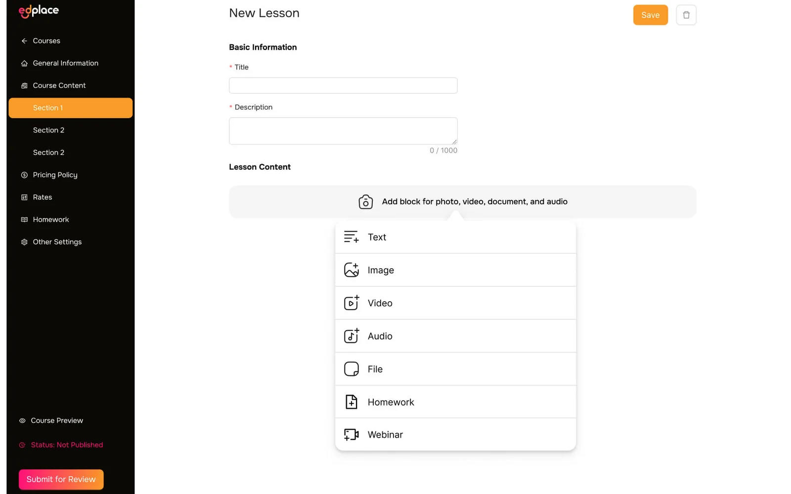 EdPlace expert cabinet — the course constructor with a lesson editor and a content-block menu for text, image, video, audio, file, and homework