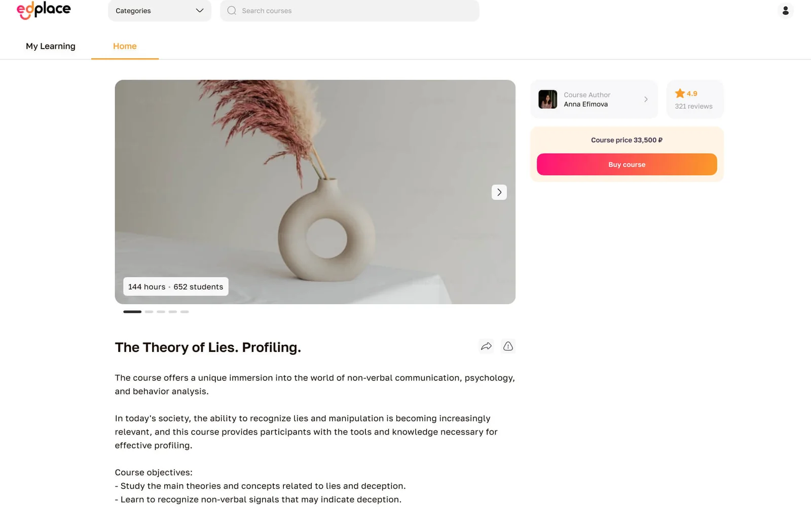 EdPlace student course page — course author, 4.9 rating with reviews, price, and a buy-course action