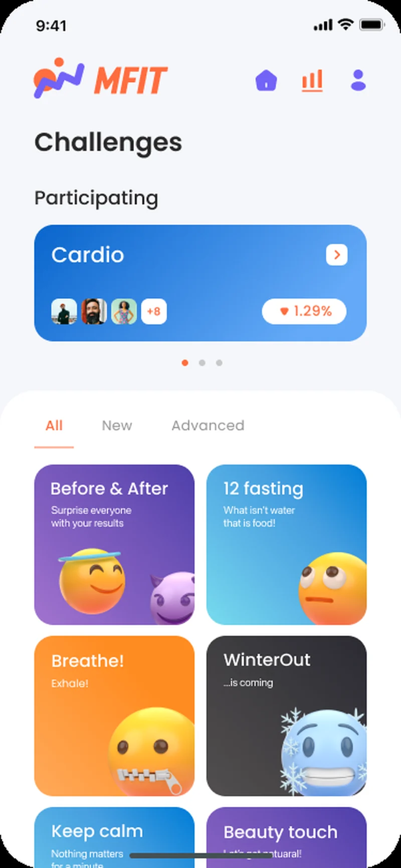MFIT challenge catalog — gamified marathon cards grouped by goal on the iOS challenges screen