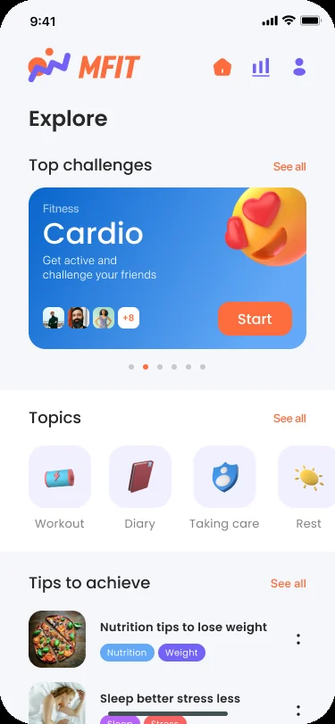 MFIT challenge catalog — gamified marathon cards grouped by goal on the iOS challenges screen