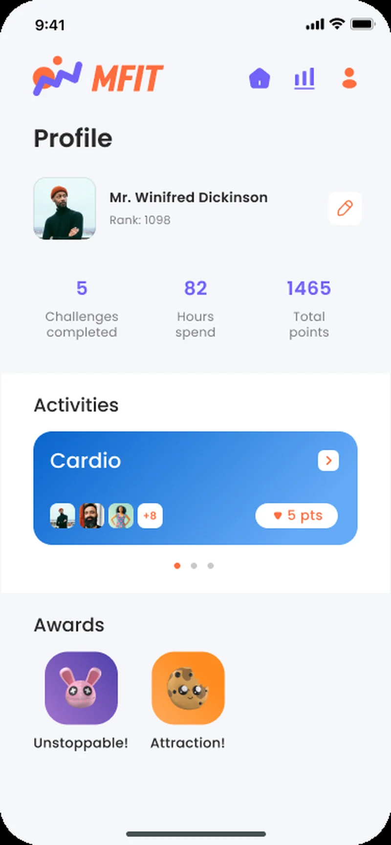 MFIT profile screen — challenges completed, hours spent, total points, activities, and awards on iOS