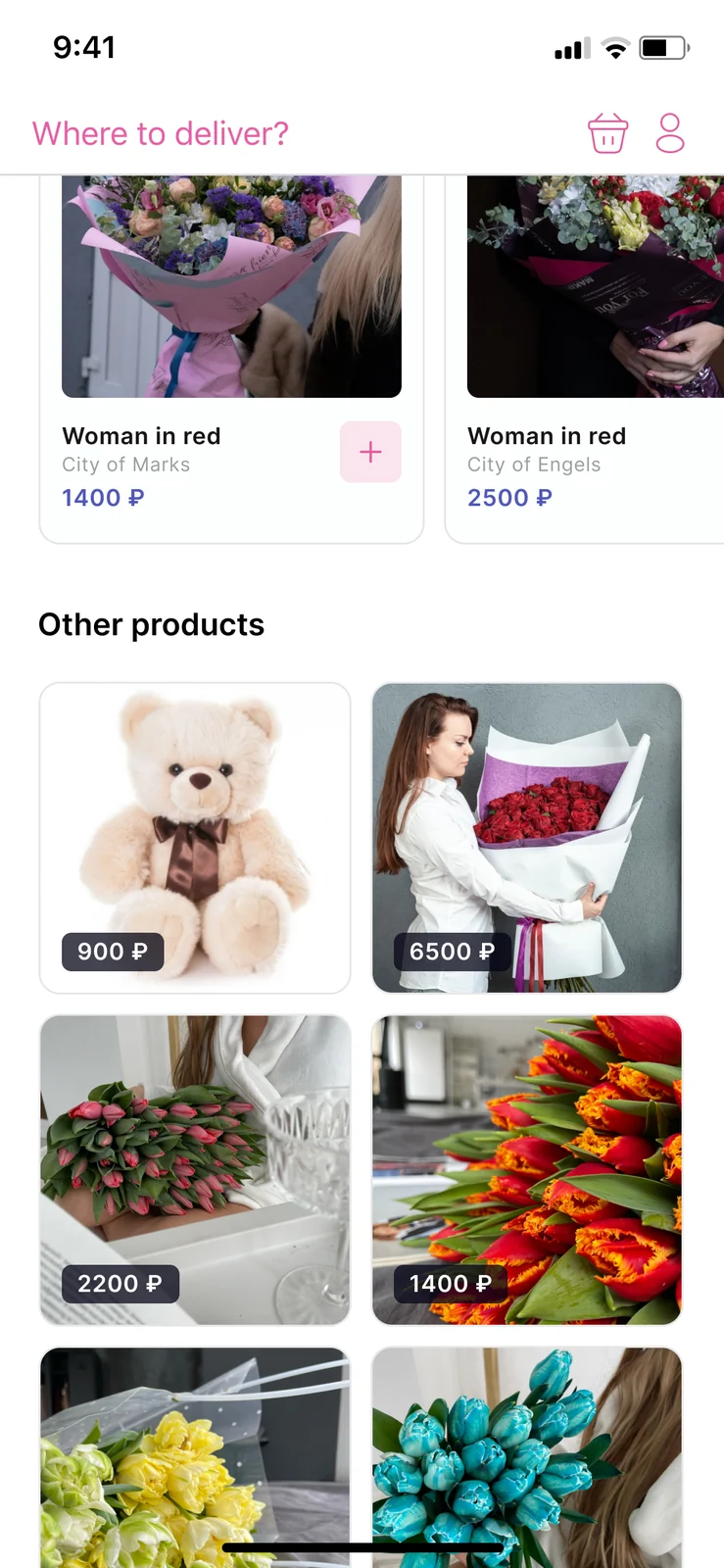 FlowDelivery courier app — customer-facing smart catalog with three-step checkout for US and EU floristry delivery